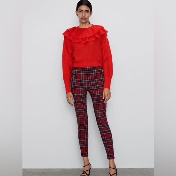 Zara Holiday Red Plaid Mid Rise Stretch Legging Pants, Size Medium NWT - Picture 1 of 16